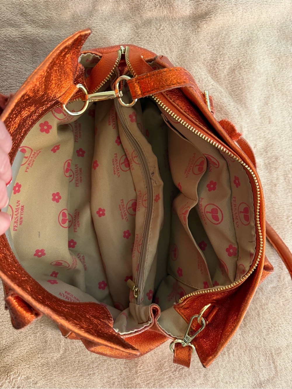 Persaman New York Metallic Orange Satchel with Top Handles - Picture 7 of 9